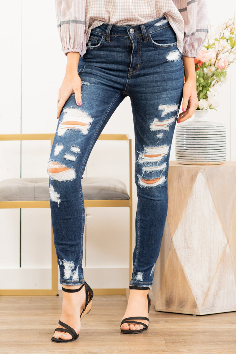 VERVET by Flying Monkey Jeans Collection: Spring 2021 Skinny, 27" Inseam Heavy Distressed Legs Rise: High Rise, 10" Front Rise 93% COTTON, 5% T400, 2% SPADNEX Machine Wash Separately In Cold Water Stitching: Classic Fly: Zipper Style #: VT1178 Contact us for any additional measurements or sizing.  Haley wears a size small top, a 1 in jeans and a small in tops. She is wearing a size 25/1 in these jeans.