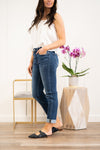 Flying Monkey Jeans  A stretchy denim with a slouchy relaxed fit make these boyfriend jeans comfortable for everyday wear. Collection: Winter 2021 Name: Poison  Cut: Boyfriend Fit, 27" Inseam Rise: High Rise, 10.25" Front Rise 99% COTTON, 1% SPANDEX Stitching: Classic Style #: Y3975 Contact us for any additional measurements or sizing.  Chloe is 5’8" and 130 pounds. She wears a size 3 in jeans, a small top and 8.5 in shoes. She is wearing a 26/3 in these jeans.