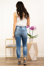 VERVET by Flying Monkey Jeans Collection: Winter 2021 Skinny, 27" Inseam Rise: High Rise, 10" Front Rise 98% COTTON, 2% SPANDEX Machine Wash Separately In Cold Water Stitching: Classic Fly: Distressed Ripped Legs with a Leopard Print Cuff  Style #: V2045 Contact us for any additional measurements or sizing.  Chloe is 5’8" and 130 pounds. She wears a size 3 in jeans, a small top and 8.5 in shoes. She is wearing a 26/3 in these jeans.