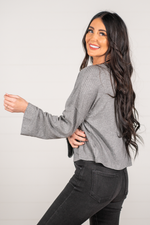 Blu Pepper Color: Grey Button Up  Drop Sleeve Round Neckline Button Up Long Sleeve 95% POLYESTER 5% SPANDEX Style #: B1ST1187 Contact us for any additional measurements or sizing.