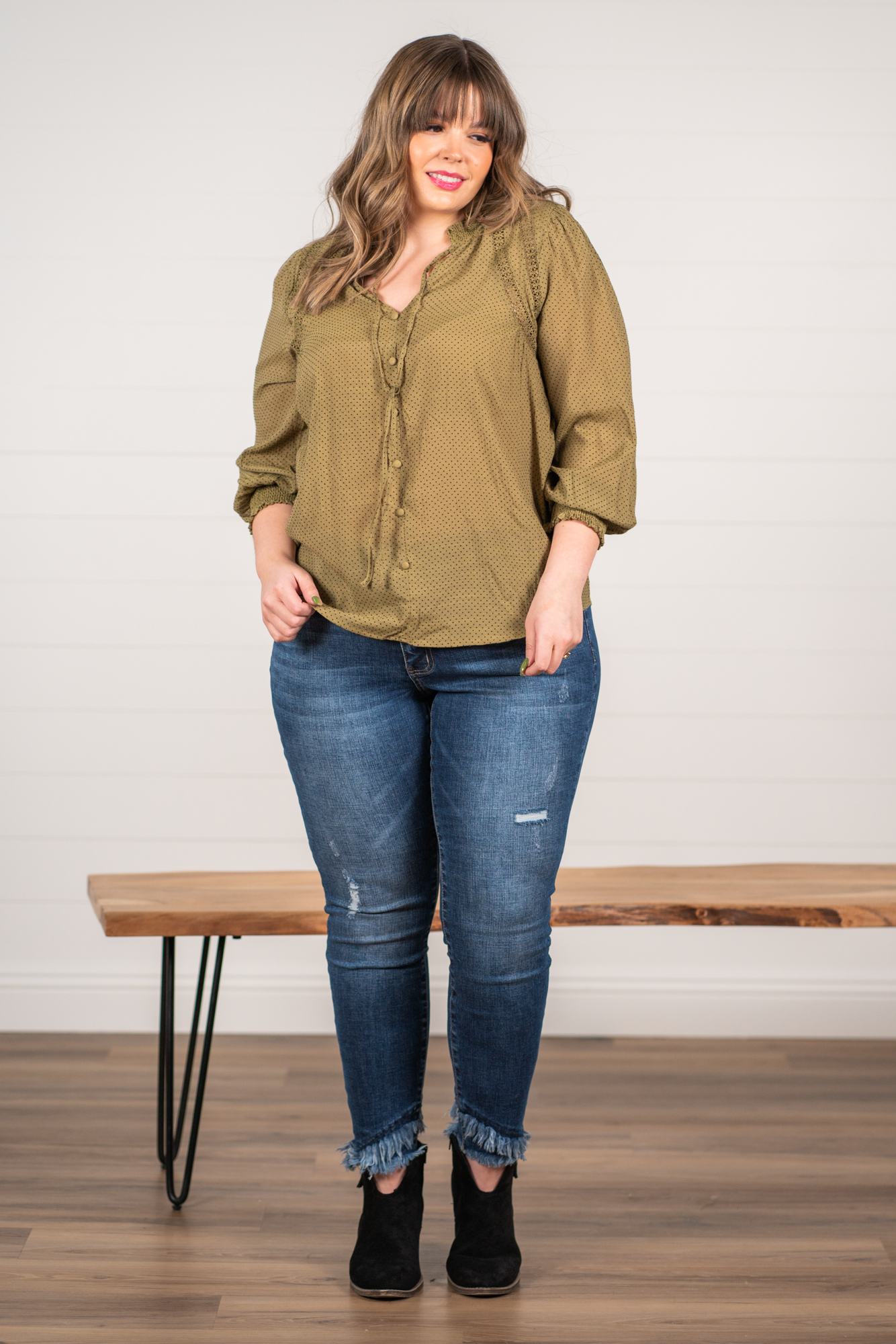 Perch by Blu Pepper Color: Light Olive Balloon Sleeves Smock Neck & Cuffs Button Neckline Half Sleeves Polka Dot SELF: 62% RAYON 38% POLYESTER Style #: PTB7119 Contact us for any additional measurements or sizing.