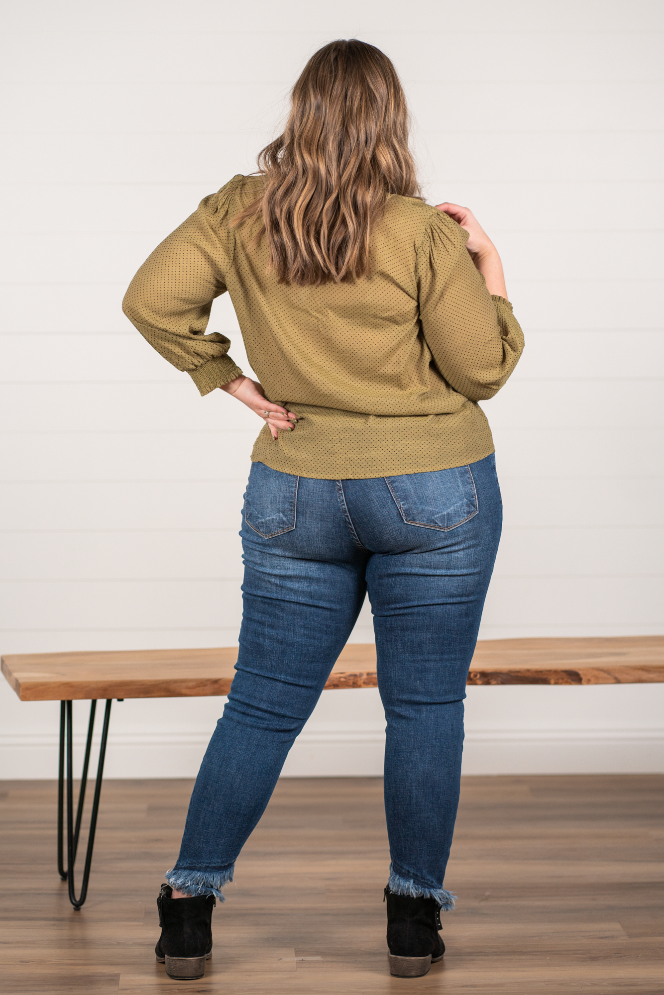 Perch by Blu Pepper Color: Light Olive Balloon Sleeves Smock Neck & Cuffs Button Neckline Half Sleeves Polka Dot SELF: 62% RAYON 38% POLYESTER Style #: PTB7119 Contact us for any additional measurements or sizing.