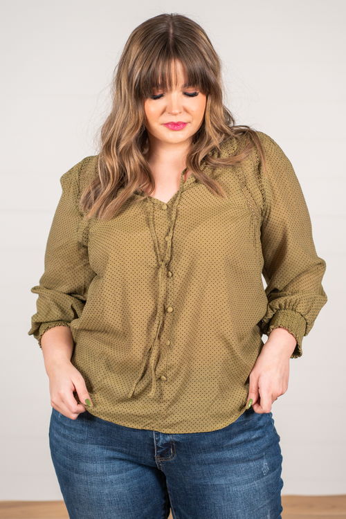 Perch by Blu Pepper Color: Light Olive Balloon Sleeves Smock Neck & Cuffs Button Neckline Half Sleeves Polka Dot SELF: 62% RAYON 38% POLYESTER Style #: PTB7119 Contact us for any additional measurements or sizing.