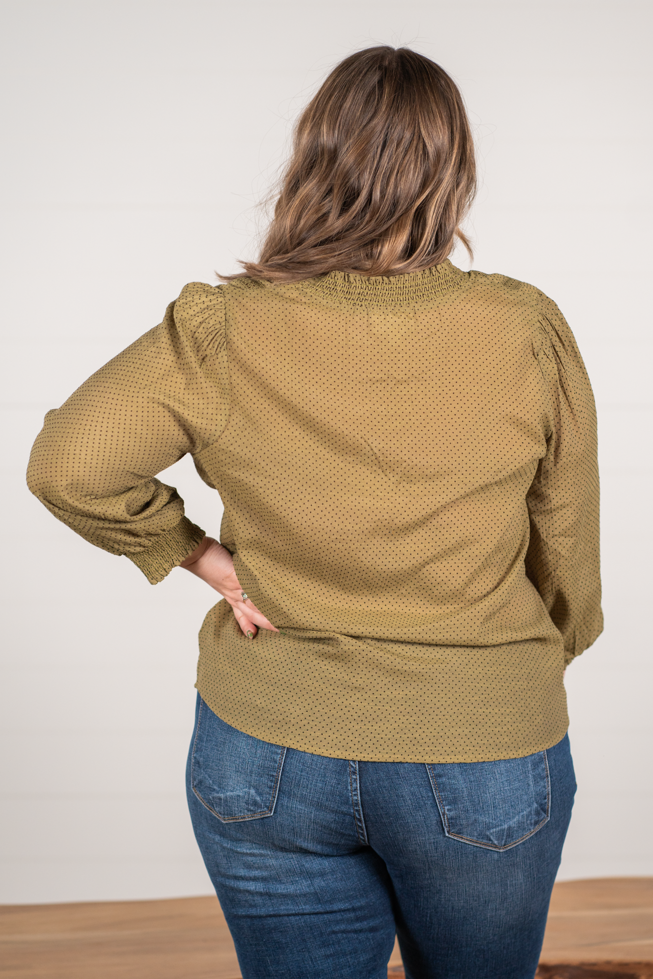 Perch by Blu Pepper Color: Light Olive Balloon Sleeves Smock Neck & Cuffs Button Neckline Half Sleeves Polka Dot SELF: 62% RAYON 38% POLYESTER Style #: PTB7119 Contact us for any additional measurements or sizing.