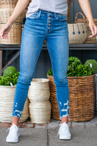 VERVET by Flying Monkey Jeans  Comfort-stretch denim, high rise waist, Skinny fitted legs with a light blue wash. Skinny, 27" Inseam* Rise: High Rise, 10" Front Rise* 98% Cotton, 2% Spandex Machine Wash Separately In Cold Water Stitching: Classic  Fly: Zipper     Style #: T5199 Contact us for any additional measurements or sizing.    *Measured on the smallest size, measurements may vary by size. 