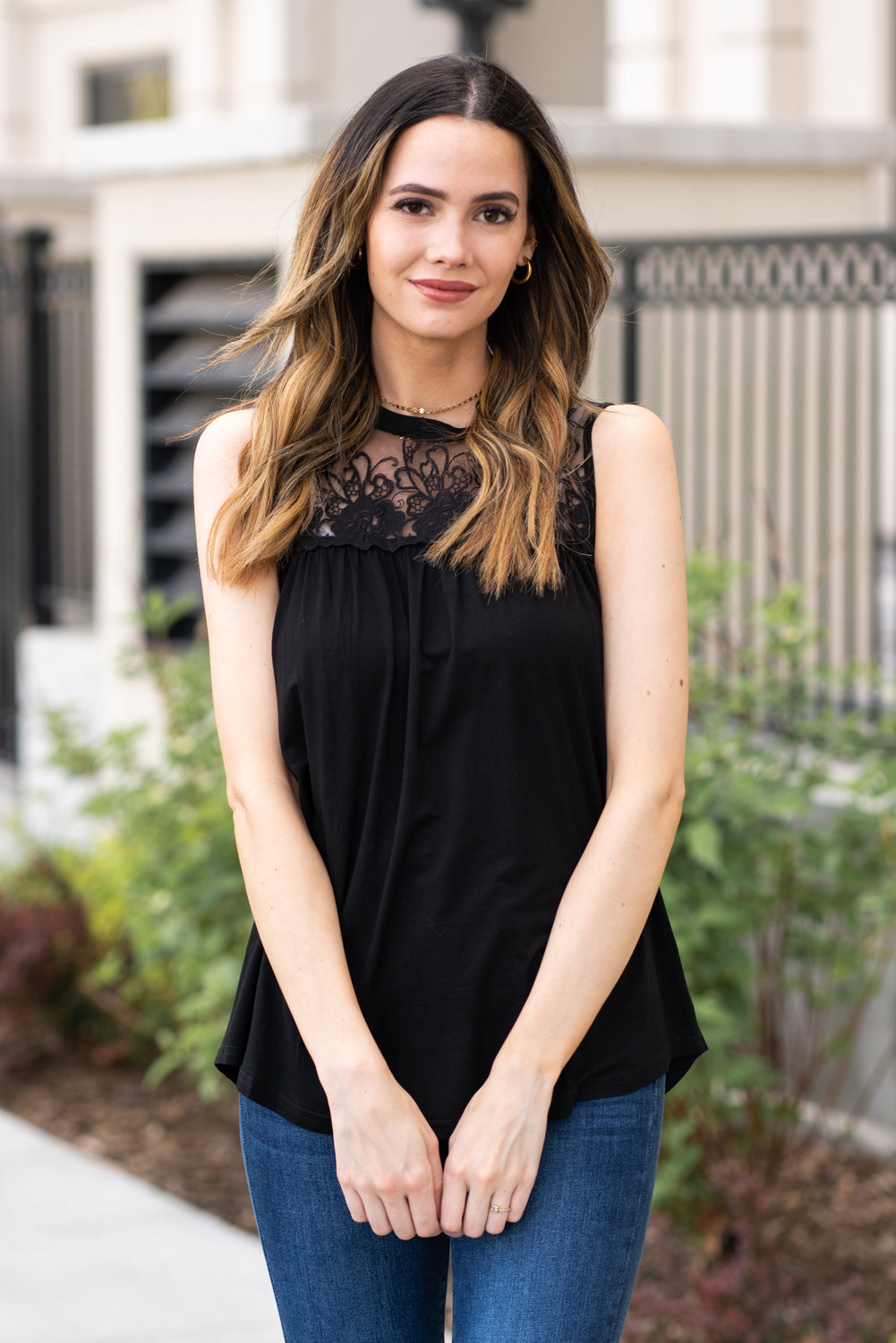 Miss Sparkling  Pair this tank with skinny jeans and strappy sandals for a perfect summer look.  Collection: Spring 2021 Color: Black Neckline: High Round Neck Sleeve: Tank 100% Polyester  Style #: D2050486 Contact us for any additional measurements or sizing.  