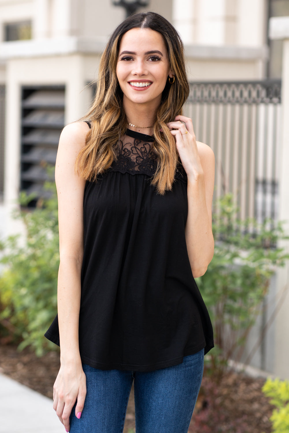Miss Sparkling  Pair this tank with skinny jeans and strappy sandals for a perfect summer look.  Collection: Spring 2021 Color: Black Neckline: High Round Neck Sleeve: Tank 100% Polyester  Style #: D2050486 Contact us for any additional measurements or sizing.  