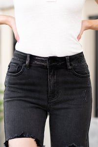 High Rise Fray Hem Bermuda Shorts  By KanCan   Collection: Spring 2021 High-rise waist, 10" Front Rise Cut: Mid Thigh Bermudas, 7" Inseam Functional pockets Whiskered Washed Denim, Black Wash 65.2% COTTON, 30% POLYESTER, 3.3% RAYON, 1.5% SPANDEX Stitching: Classic Fly: Zip Style #: KC7168BK Contact us for any additional measurements or sizing. 