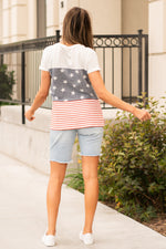 Hem & Thread   Show your pride in this American Flag pocket tee!  Color: Red, White & Blue! Neckline: Crew Sleeve: Short Sleeve  Cotton Blend  Style #: 30853J-Blue Contact us for any additional measurements or sizing.  