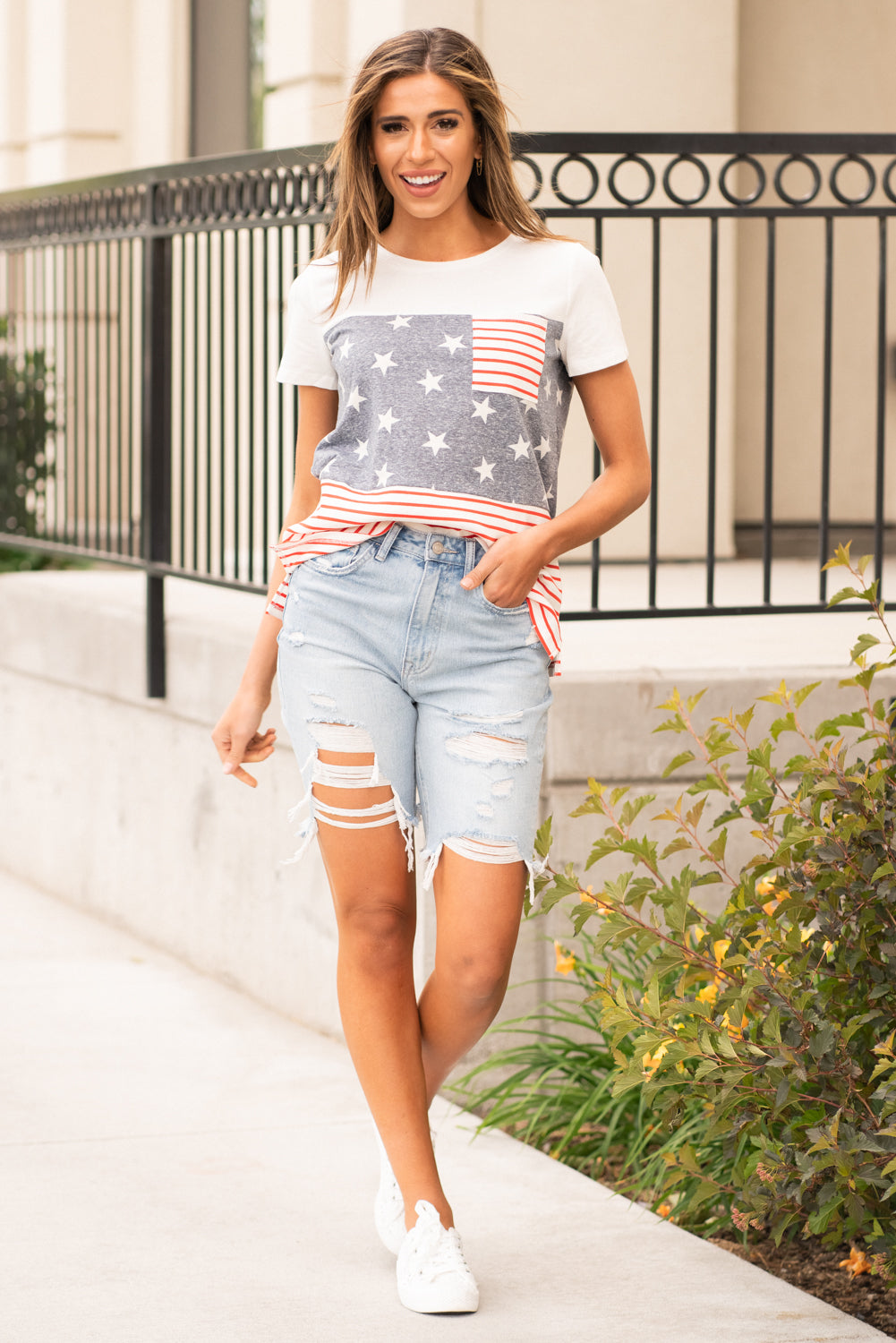 VERVET by Flying Monkey Jeans These no stretch high rise bermuda shorts have a distressed look with a relaxed fit. Collection: Spring 2021 Shorts, 3.5" Inseam  High Rise, 10" Front Rise 100% Cotton Stitching: Classic Fly: Exposed Button Fly   Style #: V2189 Contact us for any additional measurements or sizing.