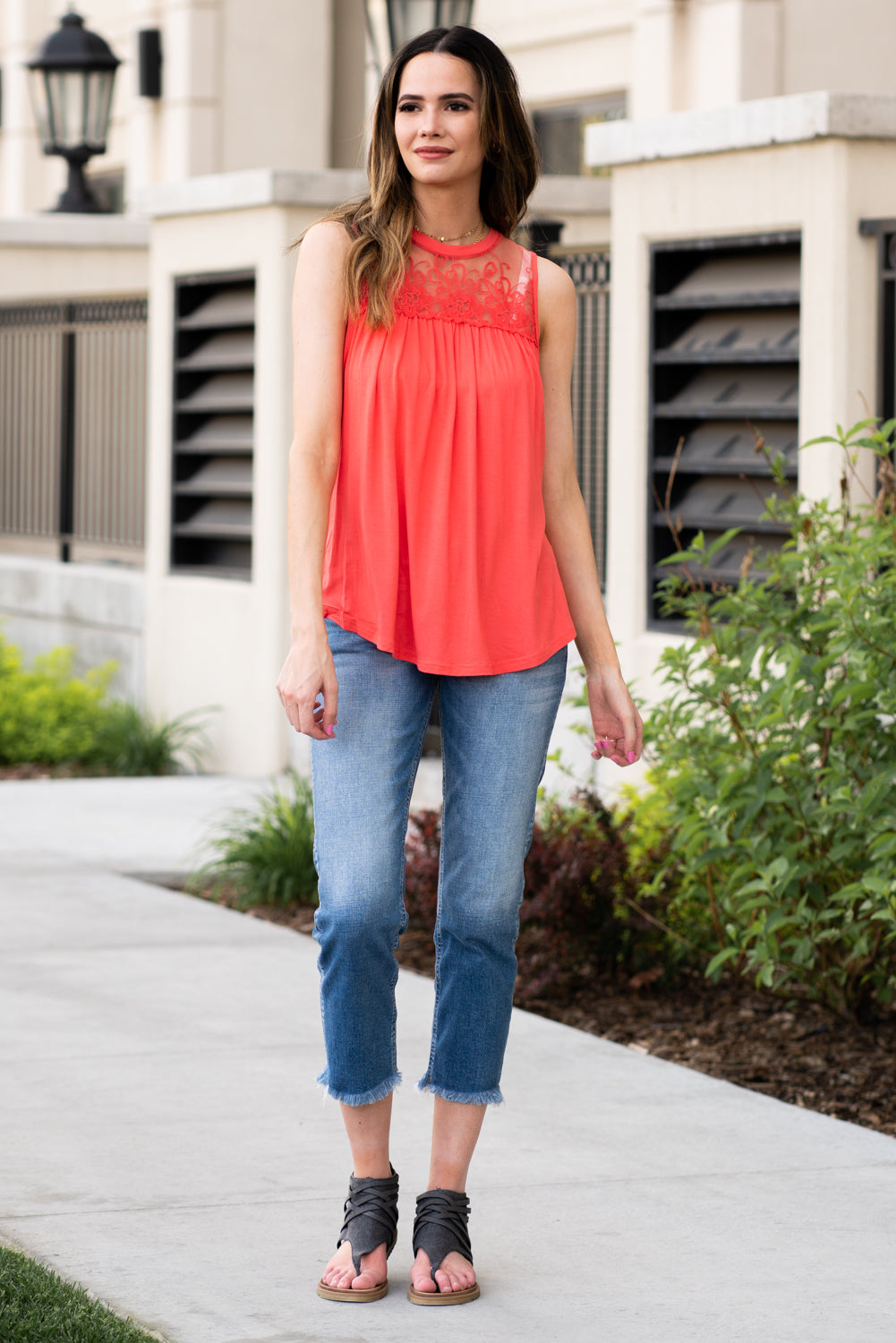 Miss Sparkling  Pair this tank with skinny jeans and strappy sandals for a perfect summer look.  Collection: Spring 2021 Color: pink Neckline: High Round Neck Sleeve: Tank 100% Polyester  Style #: D2050486 Contact us for any additional measurements or sizing.  