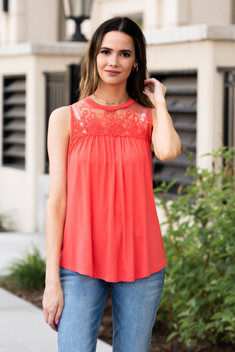 Miss Sparkling  Pair this tank with skinny jeans and strappy sandals for a perfect summer look.  Collection: Spring 2021 Color: pink Neckline: High Round Neck Sleeve: Tank 100% Polyester  Style #: D2050486 Contact us for any additional measurements or sizing.  
