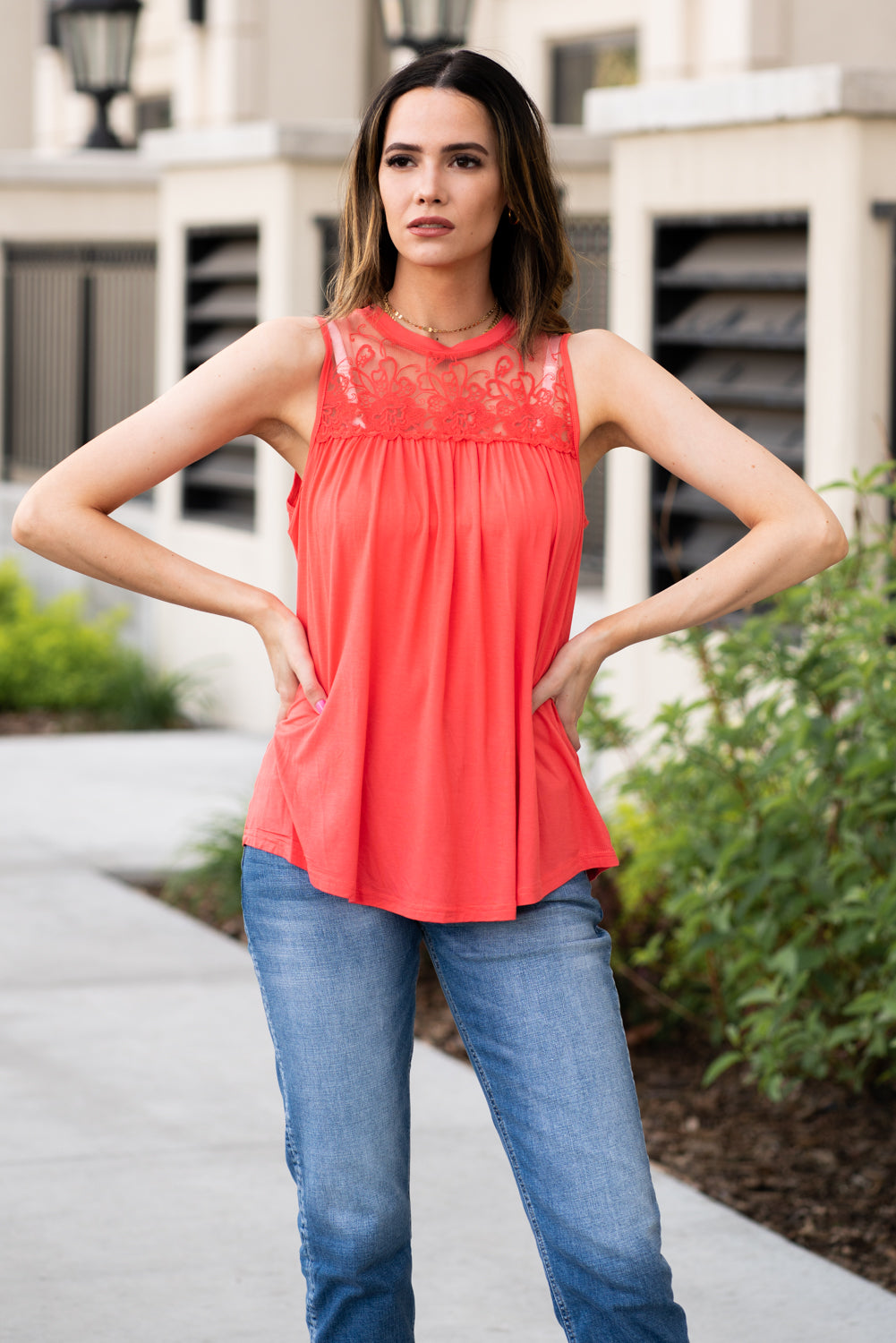 Miss Sparkling  Pair this tank with skinny jeans and strappy sandals for a perfect summer look.  Collection: Spring 2021 Color: pink Neckline: High Round Neck Sleeve: Tank 100% Polyester  Style #: D2050486 Contact us for any additional measurements or sizing.  