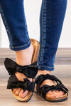 Double Bow Slides Sandals by KayKay  Pair with your favorite ankle skinny and t-shirt and you have the perfect combo for outside fun.  Style Name: Bow Slides  Color: Black Cut: Block Slides Material. Outsole: Rubber Upper: Textile/Manmade  Contact us for any additional measurements or sizing.