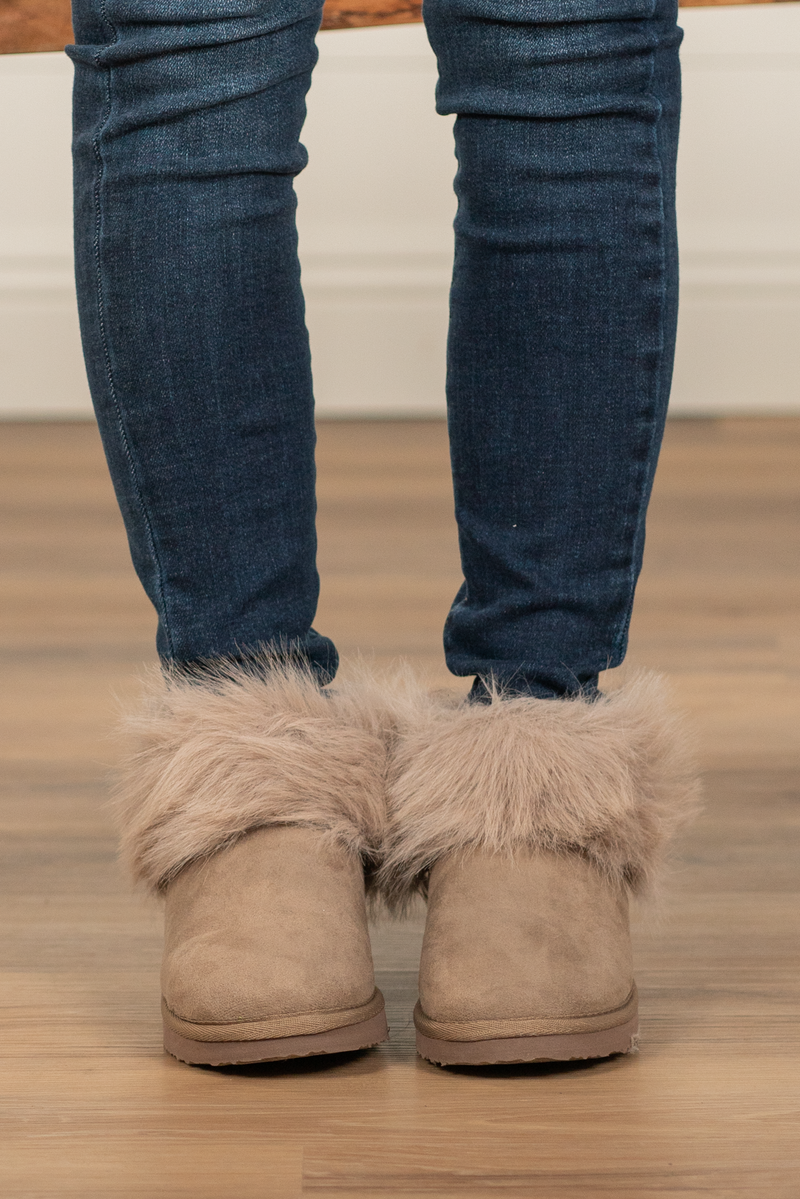 Booties | Very G  These boots from Very G are perfect to wear all winter your favorite jeans.  Style Name: Frost Color: Black Cut: Slip-On Rubber Sole Style #: VGLB0305-Taupe Contact us for any additional measurements or sizing.