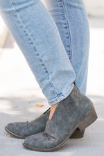 Booties | Very G  These booties from Very G are perfect to wear with boot-cut jeans this fall. The look of a boot without the extra heat from a covered ankle.  Style Name: Juliana  Color: Grey Cut: Silp On Bootie   Rubber Sole Style #: VGLB0277 Contact us for any additional measurements or sizing.