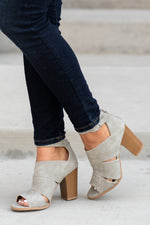 Heels by Qupid Style Name: Cadence Nubuck  Color: Grey Distressed Cut: Strappy Peep Toe 2.5" Stacked Heel Material. Outsole: Rubber Upper: Textile/Manmade  Contact us for any additional measurements or sizing.