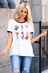 Hem & Thread   Light and easy, pair this pretty graphic tee with your favorite ankle skinnies.   Color: White Neckline: Crew Sleeve: Short Sleeve  95% COTTON 5% SPANDEX Style #: 30538-White Contact us for any additional measurements or sizing.  