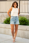 Cello Jeans Effortless style is the way to go. Get the effortless yet trendy look with a cuffed hem high rise mom shorts.  Color: Medium Blue Wash  Cuffed Hem Mom Fit Cut: Shorts, 3.75" Inseam Rise: Mid-Rise, 11" Front Rise 100% Cotton, Easy Fit  Fly: Zipper Style #: WV47755LT2 Contact us for any additional measurements or sizing.