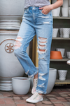 Flying Monkey Jeans  Those rigid mom jeans from the 90's! With no stretch, distressing throughout, and a high waist you will feel stylish and fun. Name: Elastic Blue Cut: Straight Fit, 28" Inseam* Rise: High Rise, 9" Front Rise* 100% Cotton Stitching: Classic Style #: F4262  Contact us for any additional measurements or sizing.   *Measured on the smallest size, measurements may vary by size. 