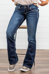 Miss Me  Dark wash Bootcut jean with fading, whiskering, and white loose saddle stitching throughout. Jean is detailed with large crystal rivets and antique silver hardware.  Inseam: 32" Boot Cut Wash: Dark Blue Low Rise, 7.5" Front Rise Silver Buttons and Rivets  73% Cotton; 25% Polyester; 2% Elastane Style #: JS5014B58V Contact us for any additional measurements or sizing.  *Measured on the smallest size, measurements may vary by size. 
