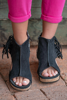 Fringe Sandal by Very G  These iconic boutique wedges from Very G are must-have! Wear all spring/summer to add a little sass to your wardrobe.  Style Name: Tramonte Color: Black Cushioned Footbed, Memory Foam  Durable Textured Outsole   Style #: VGWS0033-Black  Contact us for any additional measurements or sizing. 