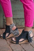 Fringe Sandal by Very G  These iconic boutique wedges from Very G are must-have! Wear all spring/summer to add a little sass to your wardrobe.  Style Name: Tramonte Color: Black Cushioned Footbed, Memory Foam  Durable Textured Outsole   Style #: VGWS0033-Black  Contact us for any additional measurements or sizing. 