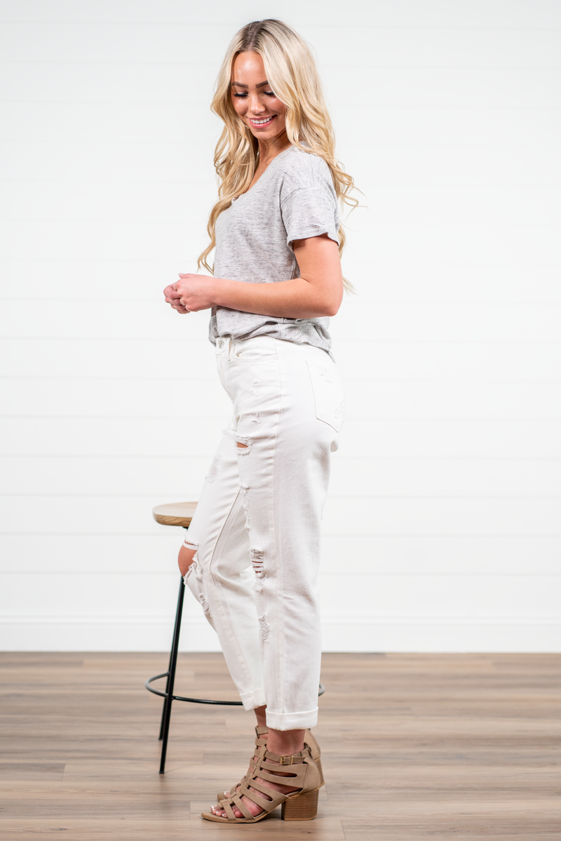 Comet White Distressed Mom Jeans