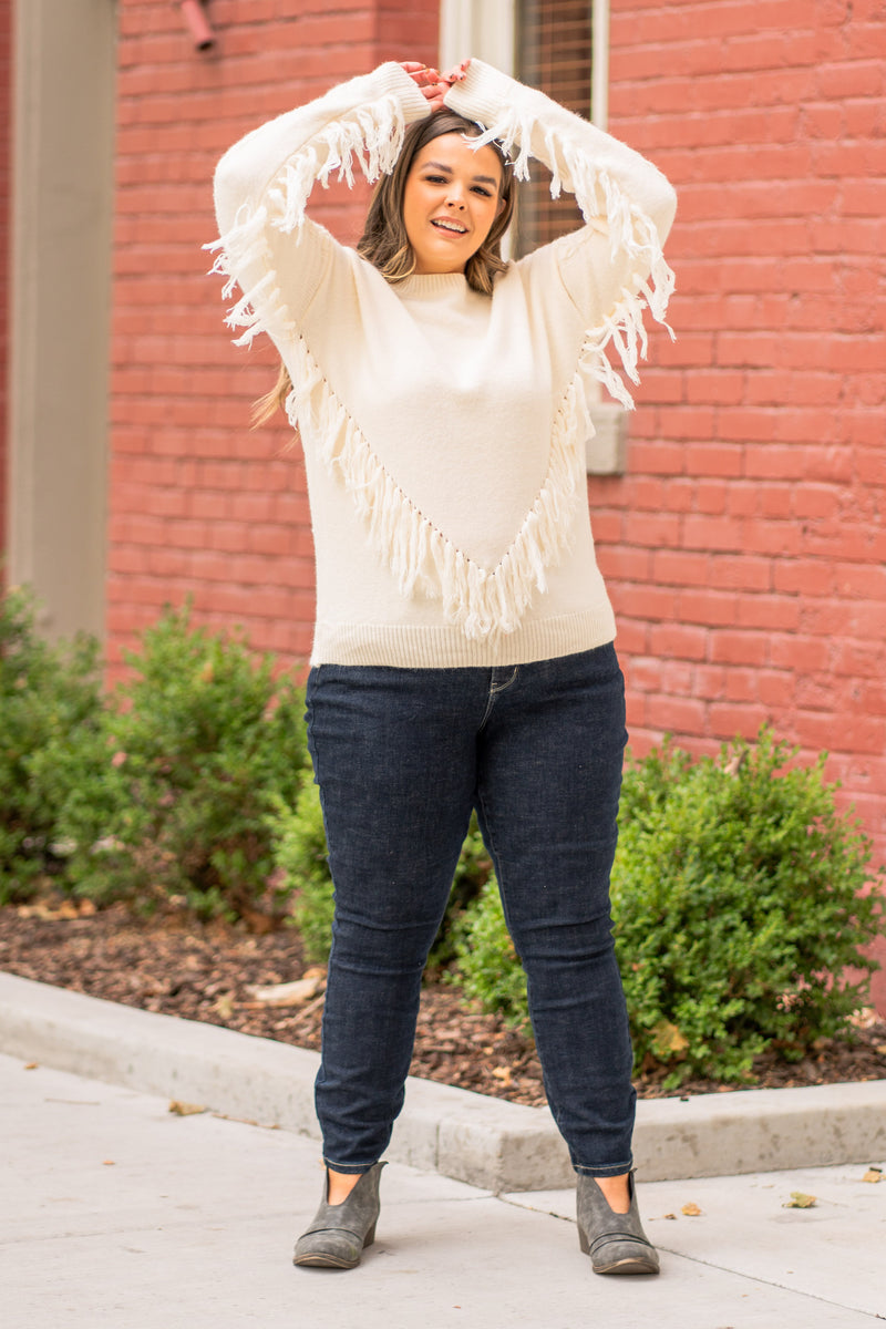  BiBi   Throw on for a warm casual look with your favorite jeans this fall.   Color: Cream Neckline: Crew Sleeve: Long Style #: IP7026  Contact us for any additional measurements or sizing.    