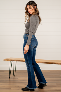 KanCan Jeans  KanCan Stretchy  Flare, 32" Inseam* High Rise, 10.5" Front Rise* Dark Blue Wash  94% COTTON, 4% T-400, 2% SPANDEX Fly: Zipper Style #: KC3021D Contact us for any additional measurements or sizing.  *Measured on the smallest size, measurements may vary by size.   