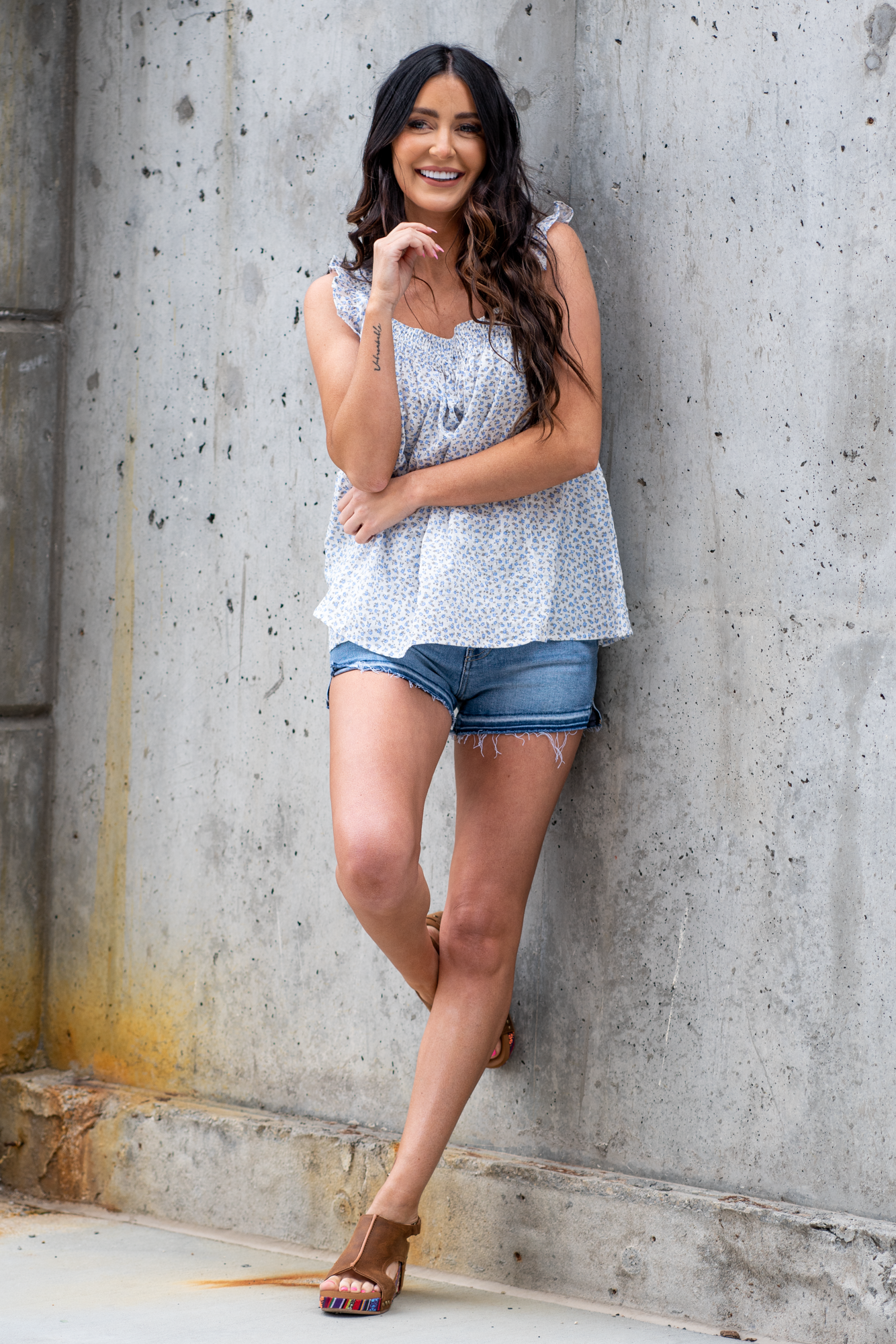 Ces Femme  Color: Blue Floral Square Neckline Ruffle Sleeved 100% Cotton Style #: TI10526PE Contact us for any additional measurements or sizing.