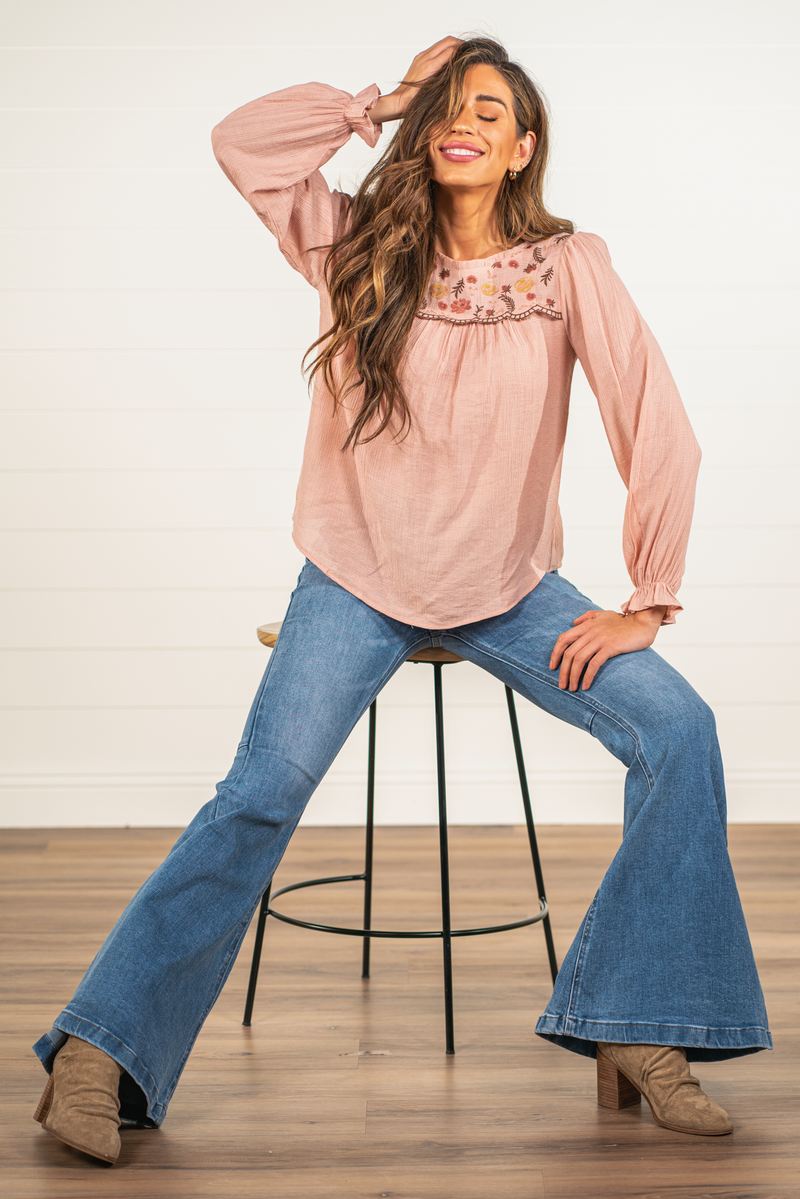 Blu Pepper Color: Dusty Pink Long Sleeves Floral Embroidered Keyhole Back Sinched Wrists 86% RAYON 14% NYLON Style #: CR1476-Dusty Pink Contact us for any additional measurements or sizing.