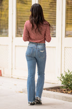 VERVET by Flying Monkey Jeans  Comfort-stretch denim, high rise waist, bell-bottom style, button fly closure, whiskering, destroyed hem, and grinding details. Skinny, 33" Inseam Rise: High Rise, 10" Front Rise 91% Cotton, 7% Polyester, 2% Spandex Stitching: Classic Fly: Zip Fly Style #: T5203 Contact us for any additional measurements or sizing.