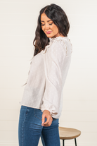 Blu Pepper Color: White Long Sleeves Lace Detail Keyhole Back Sinched Wrists 100% Polyester Style #: TB7499-White Contact us for any additional measurements or sizing.