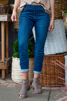 Cello Jeans  This fitted pair screams comfort and looks at the same time! It offers plenty of stretch and a figure-flattering silhouette. Pull On Skinny  Color: Dark Blue Wash  Cut: Skinny, 27" Inseam/29" Unrolled Rise: Mid Rise, 8.5" Front Rise 57%Cotton 26%Polyester 15%Rayon 2%Spandex Fly: Zipper Style #: AB76535D Contact us for any additional measurements or sizing.