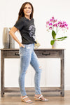 VERVET by Flying Monkey Jeans This comfortable high rise ankle skinny's have a distressed knee & legs. Pair with a graphic tee and sandals this season for a casual look. Collection: Spring 2021 Skinny, 29" Inseam  Ripped Destroyed Hem Legs Rise: High Rise, 10" Front Rise 93% COTTON , 5% POLYESTER , 2% SPANDEX Machine Wash Separately In Cold Water Stitching: Classic Fly: Zipper Style #: T5205 Contact us for any additional measurements or sizing.