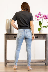 VERVET by Flying Monkey Jeans This comfortable high rise ankle skinny's have a distressed knee & legs. Pair with a graphic tee and sandals this season for a casual look. Collection: Spring 2021 Skinny, 29" Inseam  Ripped Destroyed Hem Legs Rise: High Rise, 10" Front Rise 93% COTTON , 5% POLYESTER , 2% SPANDEX Machine Wash Separately In Cold Water Stitching: Classic Fly: Zipper Style #: T5205 Contact us for any additional measurements or sizing.
