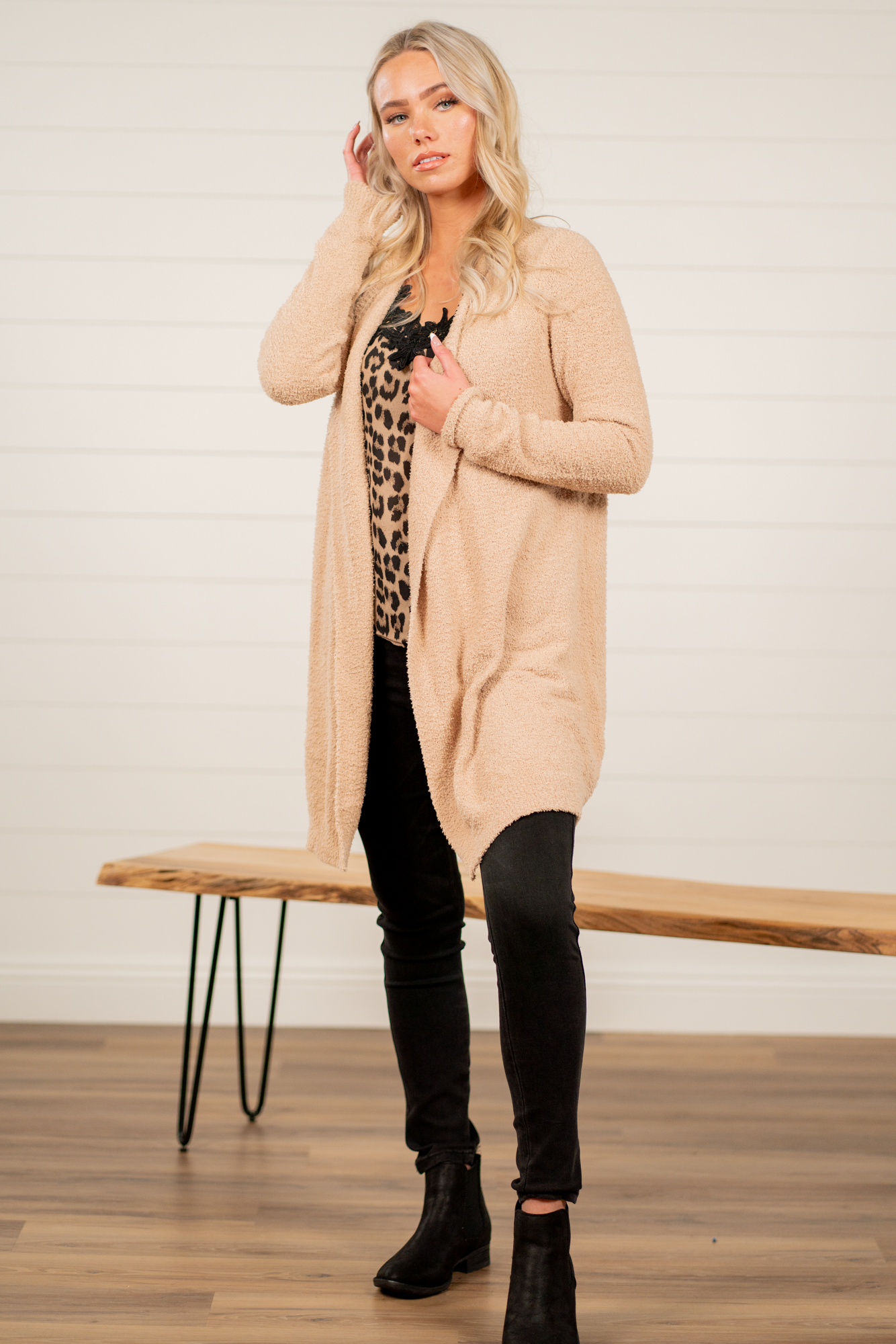 Hem & Thread  Pair your favorite cami and jeans with this cozy open-front cardigan.    Color: Beige Neckline: Open  Sleeve: Long  100% Polyester Style #: 31160W Contact us for any additional measurements or sizing.      