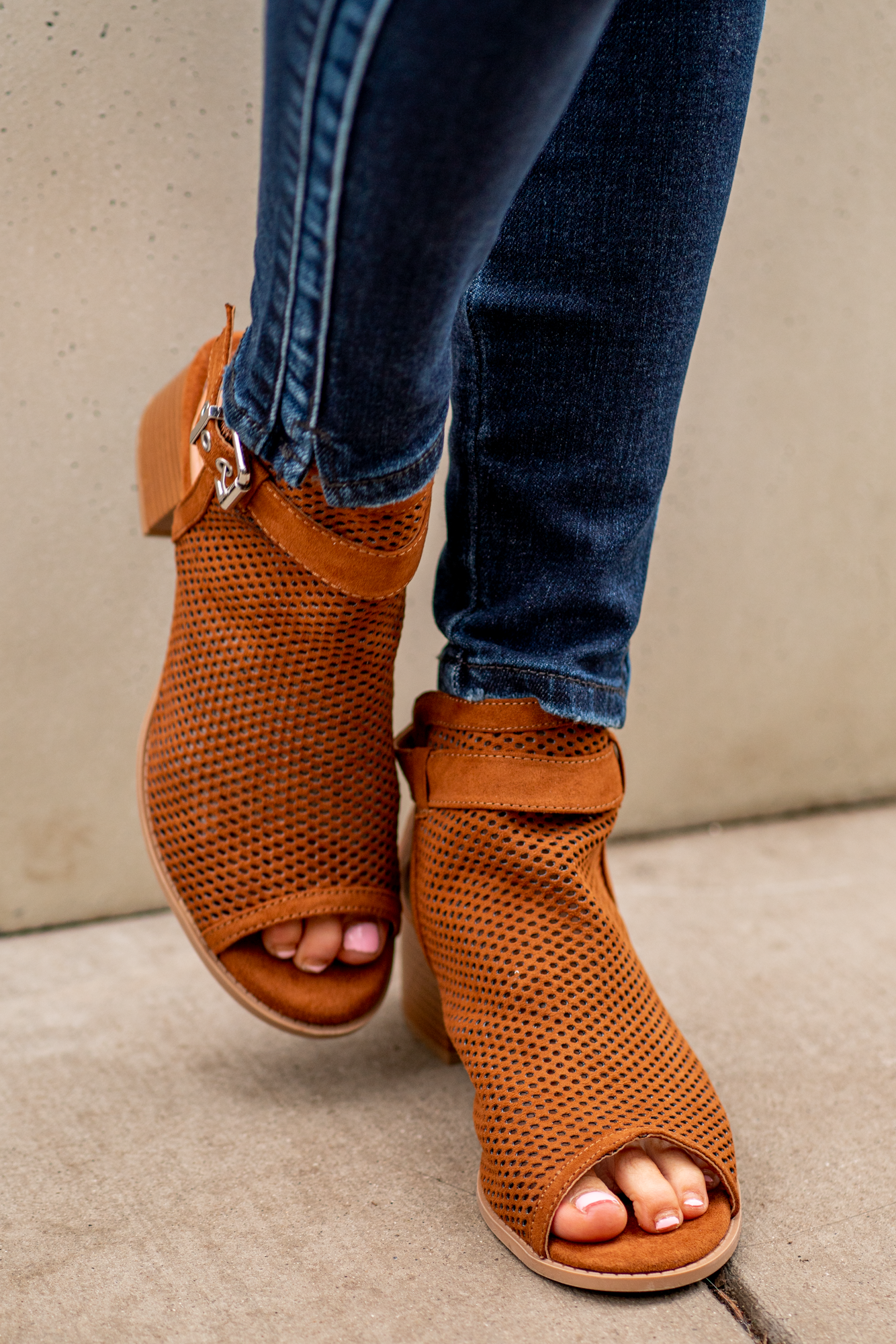Heeled Sandals by Qupid Style Name: Doria  Color: Chestnut Cut: Strappy Peep Toe with Clasp Back 2" Stacked Heel Material. Outsole: Rubber Upper: Textile/Manmade  Contact us for any additional measurements or sizing.  