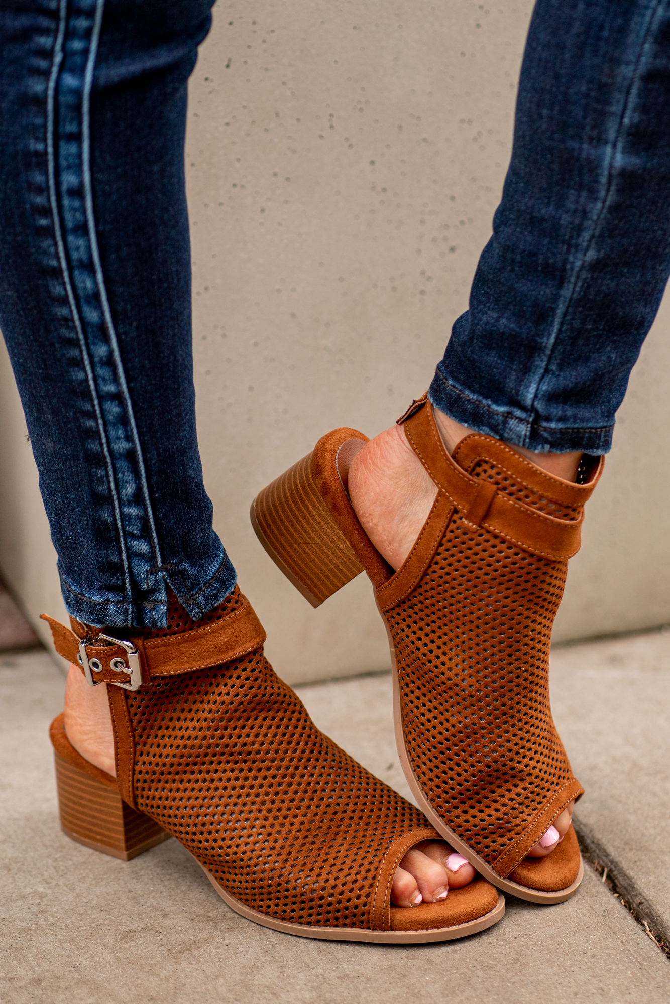 Heeled Sandals by Qupid Style Name: Doria  Color: Chestnut Cut: Strappy Peep Toe with Clasp Back 2" Stacked Heel Material. Outsole: Rubber Upper: Textile/Manmade  Contact us for any additional measurements or sizing.  
