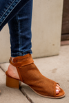 Heeled Sandals by Qupid Style Name: Doria  Color: Chestnut Cut: Strappy Peep Toe with Clasp Back 2" Stacked Heel Material. Outsole: Rubber Upper: Textile/Manmade  Contact us for any additional measurements or sizing.  