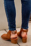 Heeled Sandals by Qupid Style Name: Doria  Color: Chestnut Cut: Strappy Peep Toe with Clasp Back 2" Stacked Heel Material. Outsole: Rubber Upper: Textile/Manmade  Contact us for any additional measurements or sizing.  
