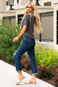 VERVET by Flying Monkey Jeans These comfortable stretchy mom jeans have a slouchy fit, slight distressing, relaxed legs, double cuffed bottoms and high waist.  Collection: Spring 2021 Boyfriend , 26" Inseam Rise: High Rise, 11" Front Rise 93% COTTON 5.5% POLYESTER 1.5% SPANDEX Machine Wash Separately In Cold Water Stitching: Classic Fly: Zipper Fly  Style #: V2104 Contact us for any additional measurements or sizing.