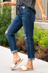 VERVET by Flying Monkey Jeans These comfortable stretchy mom jeans have a slouchy fit, slight distressing, relaxed legs, double cuffed bottoms and high waist.  Collection: Spring 2021 Boyfriend , 26" Inseam Rise: High Rise, 11" Front Rise 93% COTTON 5.5% POLYESTER 1.5% SPANDEX Machine Wash Separately In Cold Water Stitching: Classic Fly: Zipper Fly  Style #: V2104 Contact us for any additional measurements or sizing.
