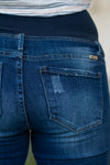 KanCan Maternity Jeans  Do you miss wearing jeans? These maternity jeans will keep you comfy and cute with an elastic stretch waistband that fits just under the tummy.   Color: Dark Wash Distressed Legs and Ankle Cut: Skinny, 27" Inseam Rise: Mid-Rise with Full Tummy Band, 5.5" Material: 94% COTTON, 4% T-400, 2% SPANDEX  Style #: KC3018M Contact us for any sizing questions or measurements.