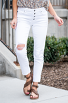 KanCan Jeans  These mom jeans will become your go-to! Pair these girlfriend mom fit with sandals and a tee for an easy summer look.  Color: White Cut: Straight Fit, 27" Inseam  Rise: Mid-Rise, 8.5" Front Rise 100% COTTON Fly: Exposed Button Fly Style #: KC5118WT  Contact us for any additional measurements or sizing.  