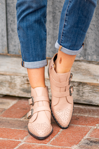 Booties by Qupid Style Name: Wasco Color: Nude Cut: Pull on Bootie 2" Stacked Heel Material. Outsole: Rubber Upper: Textile/Manmade  Contact us for any additional measurements or sizing.  