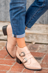 Booties by Qupid Style Name: Wasco Color: Nude Cut: Pull on Bootie 2" Stacked Heel Material. Outsole: Rubber Upper: Textile/Manmade  Contact us for any additional measurements or sizing.  