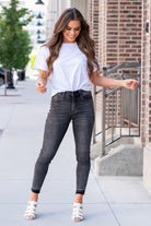 KanCan Jeans Color: Gray / Black Ankle Skinny, 27" Inseam* High Rise, 10.25" Front Rise* Fray Hem Ankle 97.5% COTTON , 2.5% SPANDEX Fly: Zipper Style #: KC6380BK Contact us for any additional measurements or sizing.    *Measured on the smallest size, measurements may vary by size. 