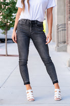 KanCan Jeans Color: Gray / Black Ankle Skinny, 27" Inseam* High Rise, 10.25" Front Rise* Fray Hem Ankle 97.5% COTTON , 2.5% SPANDEX Fly: Zipper Style #: KC6380BK Contact us for any additional measurements or sizing.    *Measured on the smallest size, measurements may vary by size. 